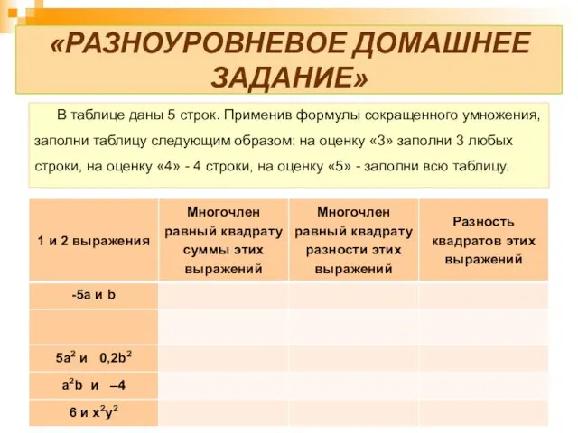 «РАЗНОУРОВНЕВОЕ ДОМАШНЕЕ ЗАДАНИЕ» В таблице даны 5 строк. Применив формулы сокращенного