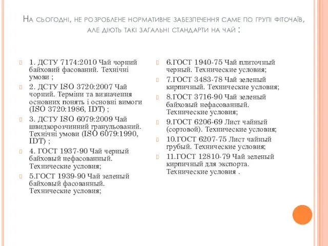 На сьогодні, не розроблене нормативне забезпечення саме по групі фіточаїв, але