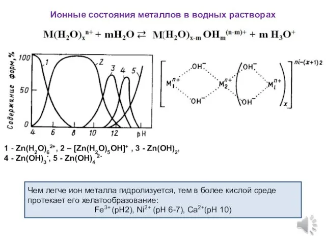 Ионные состояния металлов в водных растворах 1 - Zn(H2O)62+, 2 –