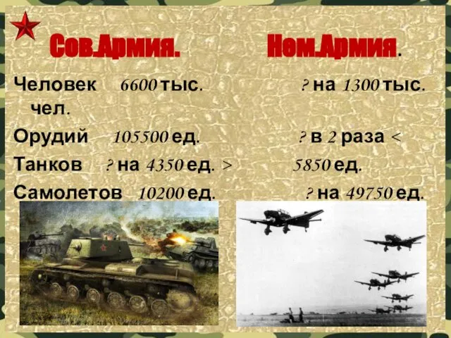 Сов.Армия. Нем.Армия. Человек 6600 тыс. ? на 1300 тыс. чел. Орудий