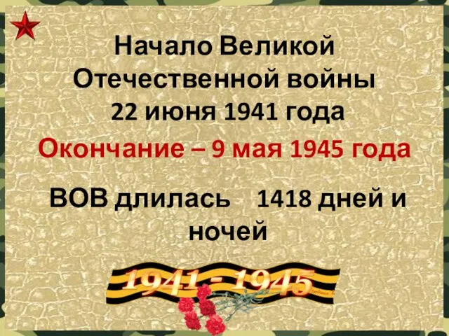 Начало Великой Отечественной войны 22 июня 1941 года ВОВ длилась 1418