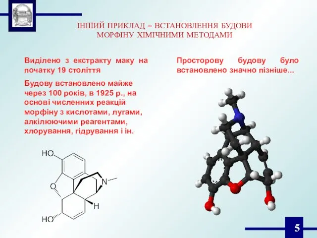 ІНШИЙ ПРИКЛАД – ВСТАНОВЛЕННЯ БУДОВИ МОРФІНУ ХІМІЧНИМИ МЕТОДАМИ Виділено з екстракту