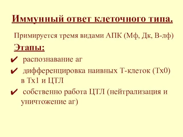 Иммунный ответ клеточного типа. Примируется тремя видами АПК (Мф, Дк, В-лф)