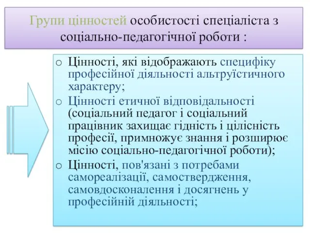 Групи цінностей особистості спеціаліста з соціально-педагогічної роботи : Цінності, які відображають