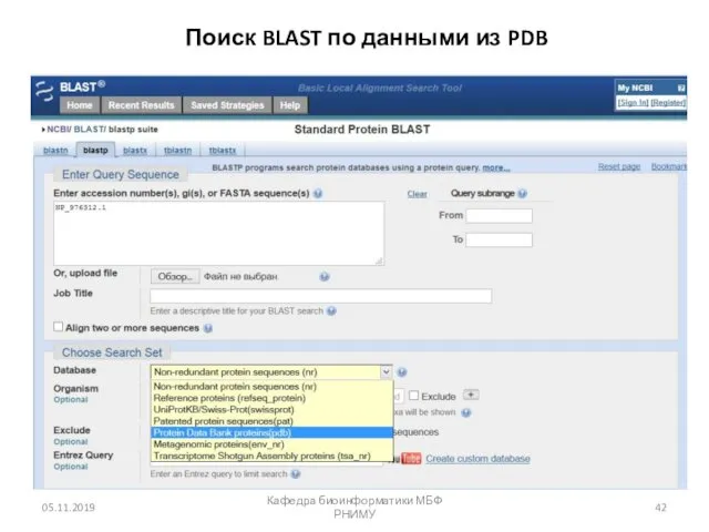 Поиск BLAST по данными из PDB 05.11.2019 Кафедра биоинформатики МБФ РНИМУ