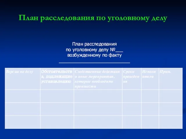 План расследования по уголовному делу План расследования по уголовному делу №___ возбужденному по факту ____________________________