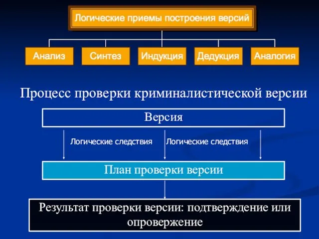 Процесс проверки криминалистической версии Версия План проверки версии Результат проверки версии: