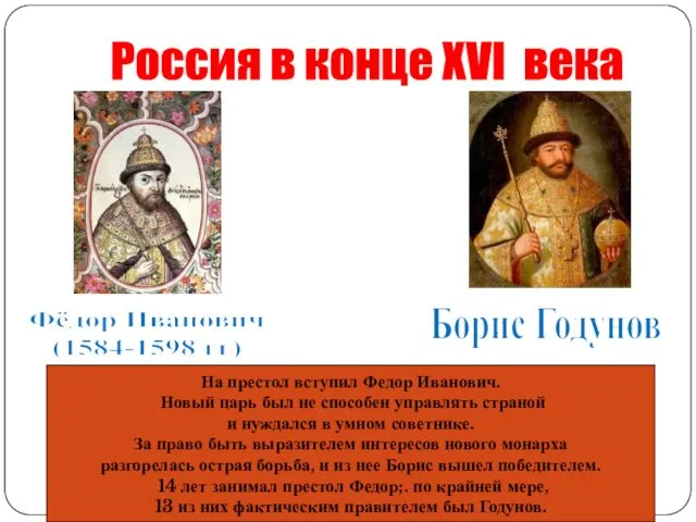 Россия в конце XVI века Борис Годунов Фёдор Иванович (1584-1598 гг)