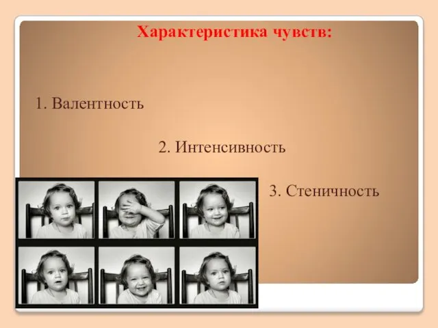 Характеристика чувств: 1. Валентность 2. Интенсивность 3. Стеничность