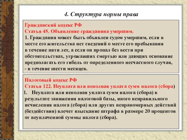 4. Структура нормы права Гражданский кодекс РФ Статья 45. Объявление гражданина