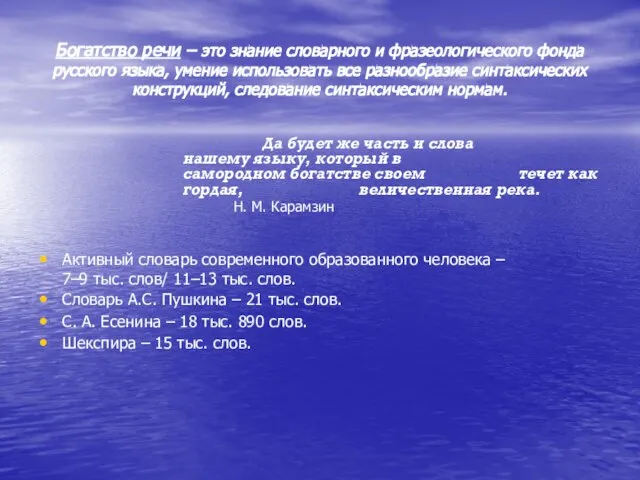 Богатство речи – это знание словарного и фразеологического фонда русского языка,