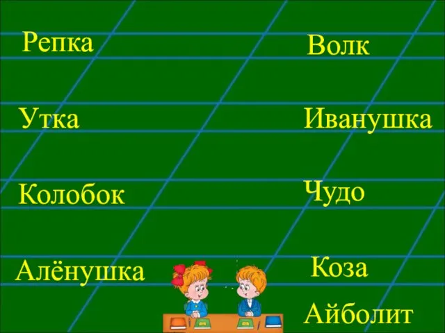 Утка Колобок Волк Чудо Алёнушка Репка Иванушка Коза Айболит