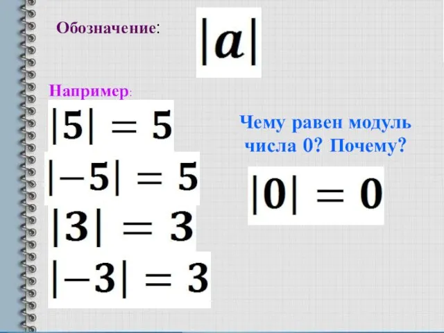 Обозначение: Например: Чему равен модуль числа 0? Почему?