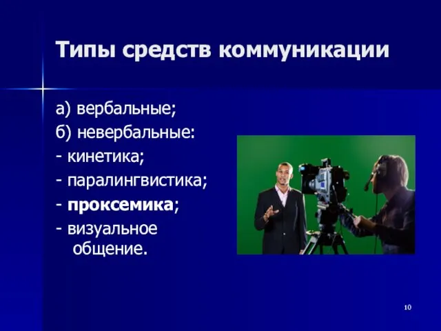 Типы средств коммуникации а) вербальные; б) невербальные: - кинетика; - паралингвистика; - проксемика; - визуальное общение.