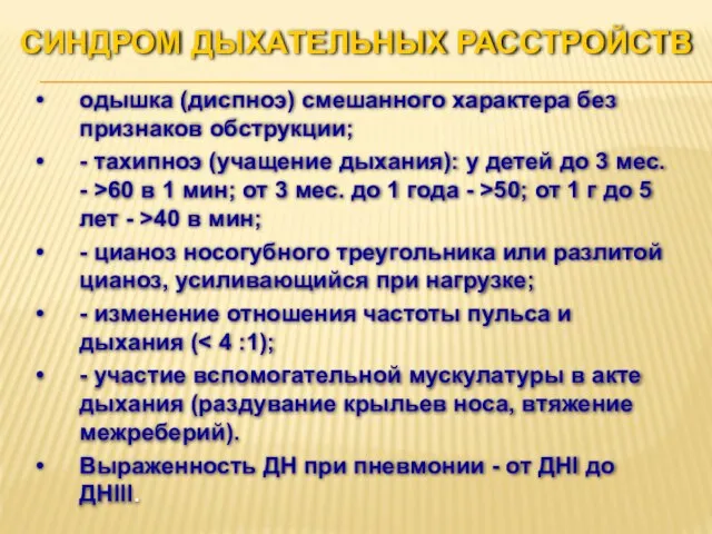 СИНДРОМ ДЫХАТЕЛЬНЫХ РАССТРОЙСТВ одышка (диспноэ) смешанного характера без признаков обструкции; -