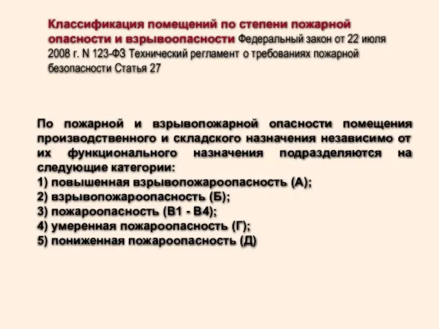 Классификация помещений по степени пожарной опасности и взрывоопасности Федеральный закон от