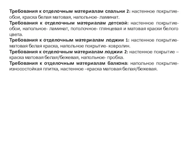 Требования к отделочным материалам спальни 2: настенное покрытие-обои, краска белая матовая,