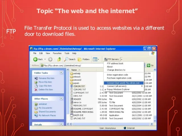 FTP File Transfer Protocol is used to access websites via a