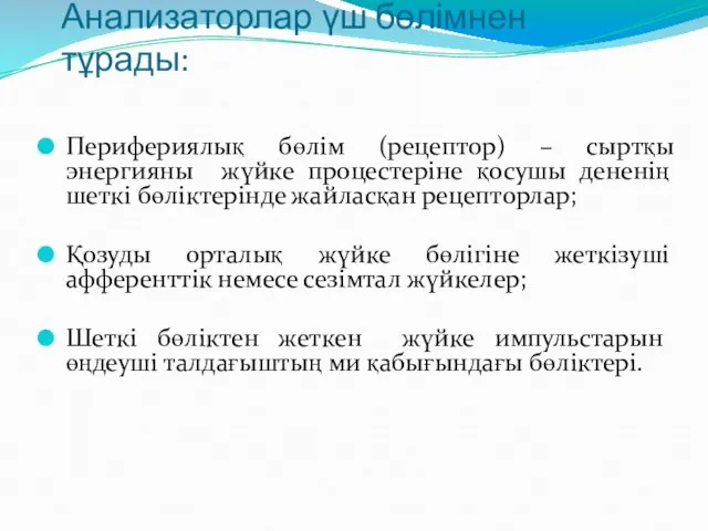 Анализаторлар үш бөлімнен тұрады: Перифериялық бөлім (рецептор) – сыртқы энергияны жүйке