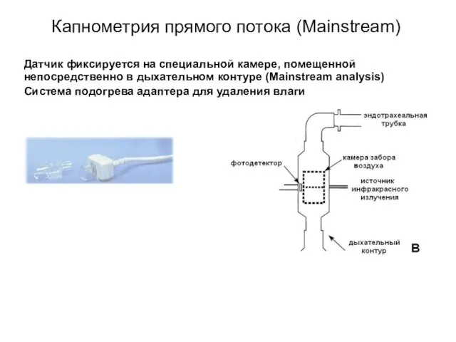 Капнометрия прямого потока (Mainstream) Датчик фиксируется на специальной камере, помещенной непосредственно