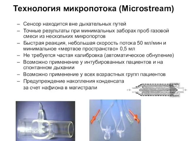 Технология микропотока (Microstream) Сенсор находится вне дыхательных путей Точные результаты при