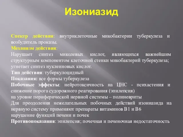 Изониазид Спектр действия: внутриклеточные микобактерии туберкулеза и возбудитель проказы. Механизм действия: