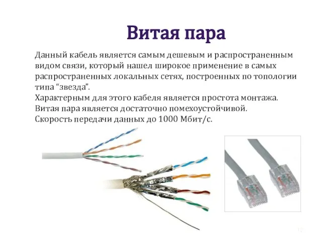 Витая пара Данный кабель является самым дешевым и распространенным видом связи,