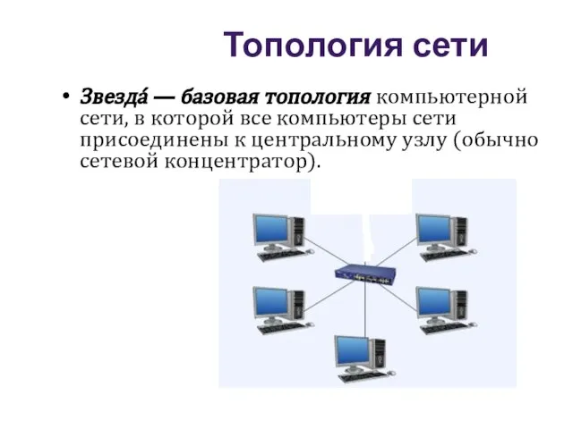 Звезда́ — базовая топология компьютерной сети, в которой все компьютеры сети