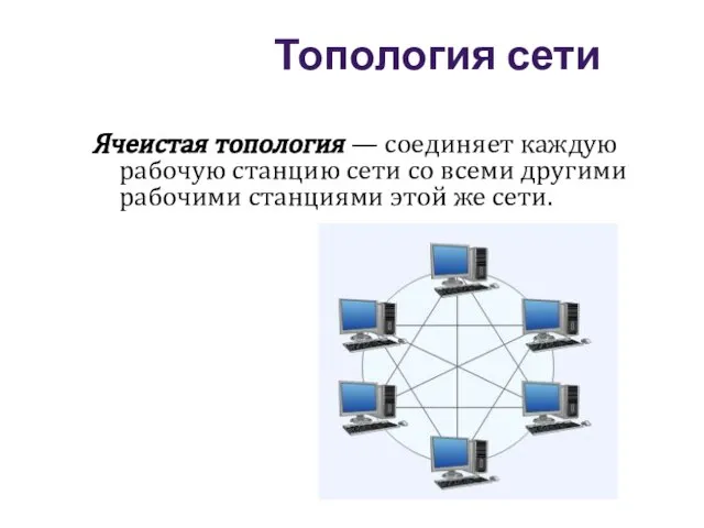 Ячеистая топология — соединяет каждую рабочую станцию сети со всеми другими