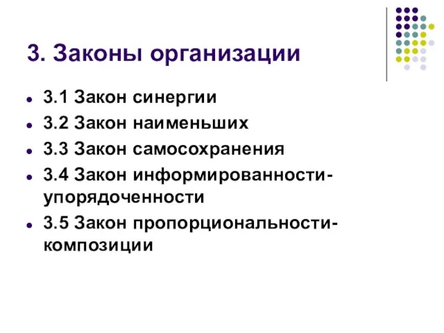 3. Законы организации 3.1 Закон синергии 3.2 Закон наименьших 3.3 Закон