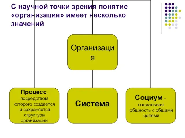 С научной точки зрения понятие «организация» имеет несколько значений