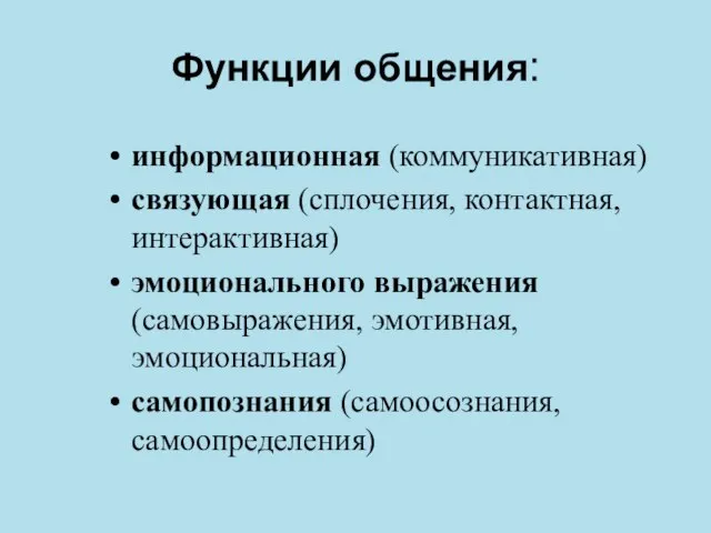 Функции общения: информационная (коммуникативная) связующая (сплочения, контактная, интерактивная) эмоционального выражения (самовыражения, эмотивная, эмоциональная) самопознания (самоосознания, самоопределения)