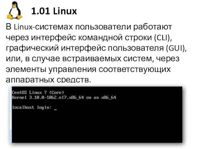 1.01 Linux В Linux-системах пользователи работают через интерфейс командной строки (CLI),