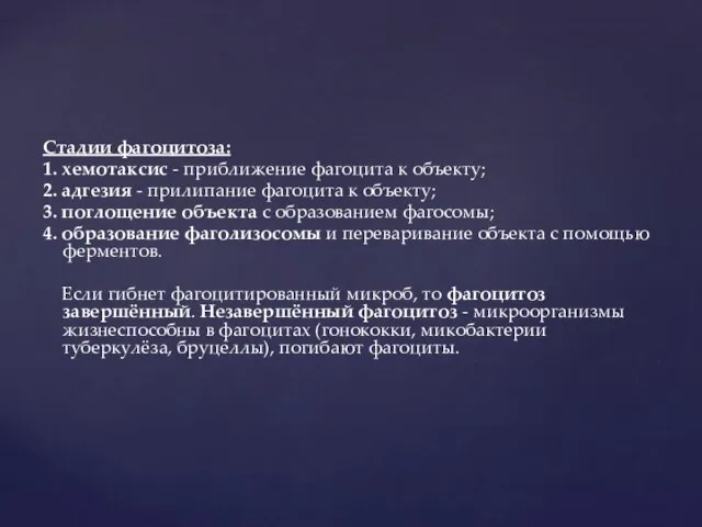 Стадии фагоцитоза: 1. хемотаксис - приближение фагоцита к объекту; 2. адгезия