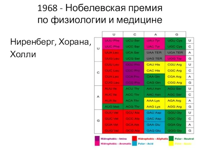 1968 - Нобелевская премия по физиологии и медицине Ниренберг, Хорана, Холли