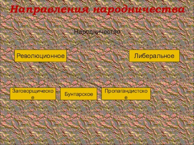 Направления народничества Народничество Либеральное Революционное Заговорщическое Бунтарское Пропагандистское