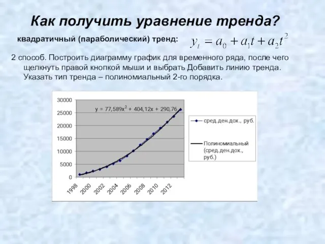 Как получить уравнение тренда? квадратичный (параболический) тренд: 2 способ. Построить диаграмму