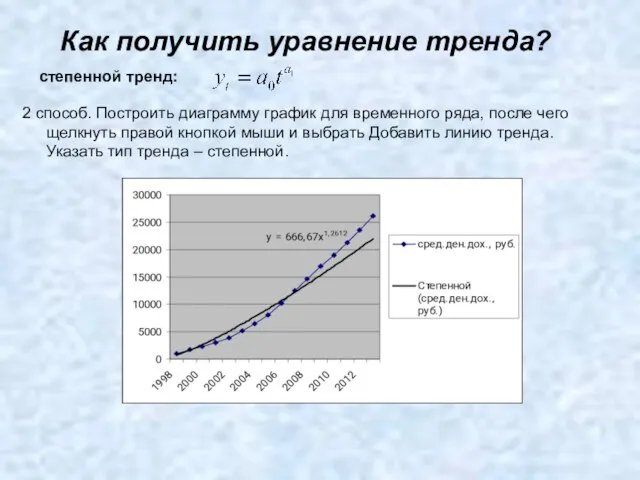 Как получить уравнение тренда? 2 способ. Построить диаграмму график для временного