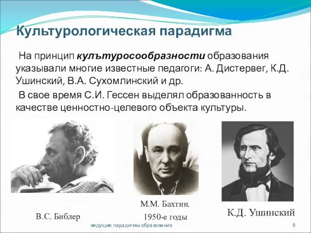 Культурологическая парадигма На принцип кулътуросообразности образования указывали многие известные педагоги: А.