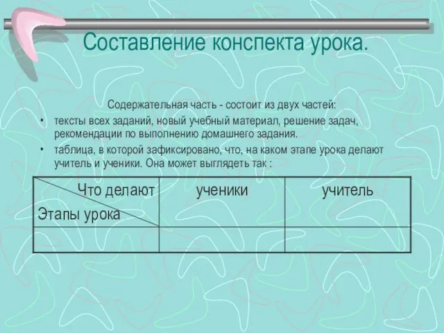 Составление конспекта урока. Содержательная часть - состоит из двух частей: тексты