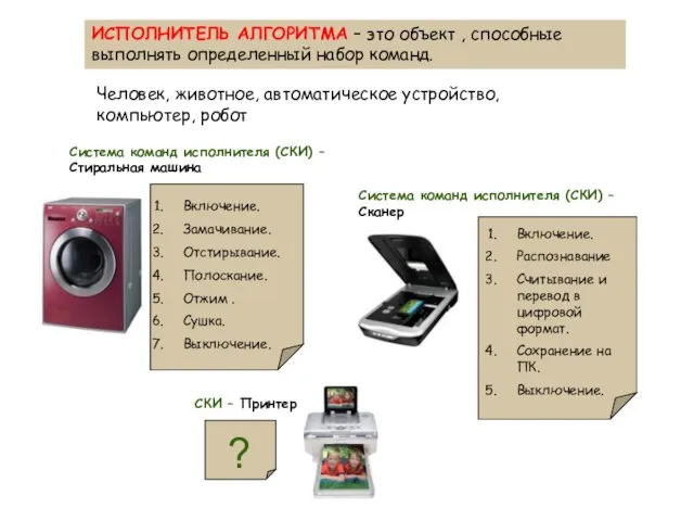 ИСПОЛНИТЕЛЬ АЛГОРИТМА – это объект , способные выполнять определенный набор команд.