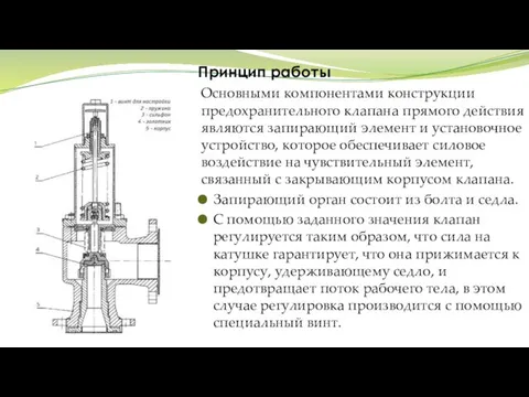 Принцип работы Основными компонентами конструкции предохранительного клапана прямого действия являются запирающий