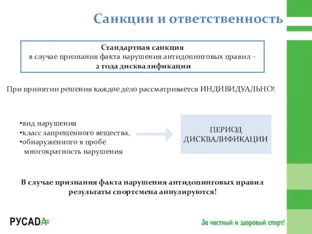 Санкции и ответственность Стандартная санкция в случае признания факта нарушения антидопинговых