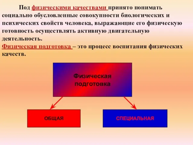 Физическая подготовка ОБЩАЯ СПЕЦИАЛЬНАЯ Под физическими качествами принято понимать социально обусловленные