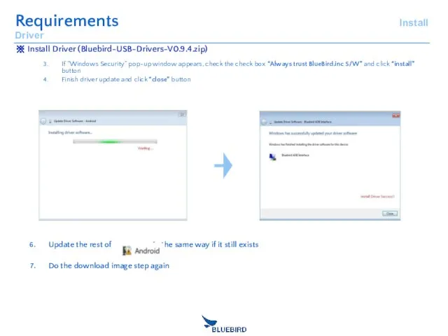 ※ Install Driver (Bluebird-USB-Drivers-V0.9.4.zip) Requirements Install Driver If “Windows Security” pop-up