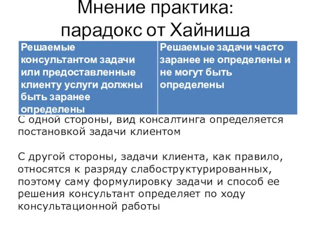 Мнение практика: парадокс от Хайниша С одной стороны, вид консалтинга определяется