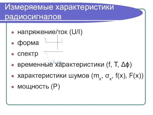 напряжение/ток (U/I) форма спектр временные характеристики (f, T, Δϕ) характеристики шумов