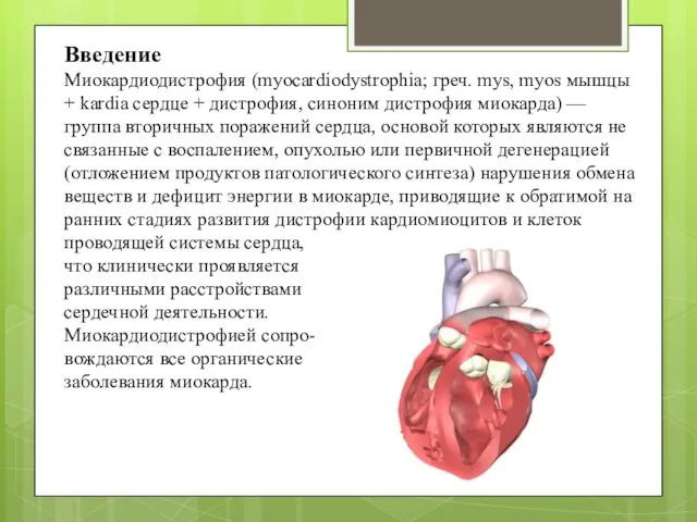 Введение Миокардиодистрофия (myocardiodystrophia; греч. mys, myos мышцы + kardia сердце +