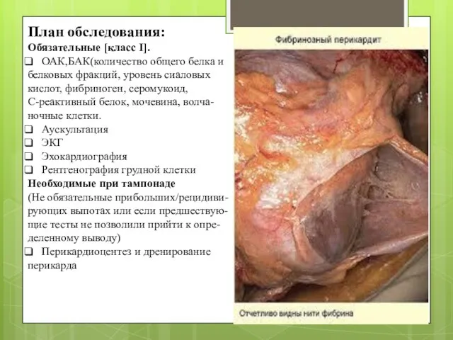 План обследования: Обязательные [класс I]. ОАК,БАК(количество общего белка и белковых фракций,