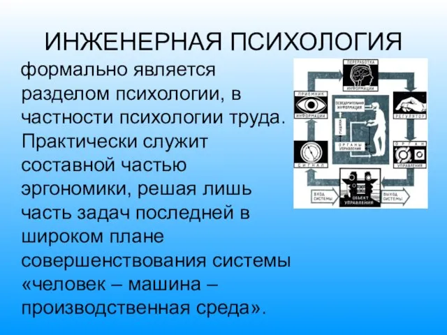 ИНЖЕНЕРНАЯ ПСИХОЛОГИЯ формально является разделом психологии, в частности психологии труда. Практически